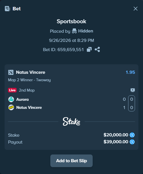 Bet slip: Aurora Gaming - Natus Vincere, $20,000.00 stake at 1.95 odds, placed by Hidden