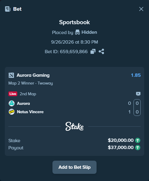 Bet slip: Aurora Gaming - Natus Vincere, $20,000.00 stake at 1.85 odds, placed by Feedone1488