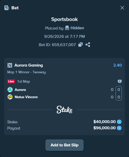 Bet slip: Aurora Gaming - Natus Vincere, $40,000.00 stake at 2.40 odds, placed by Hidden