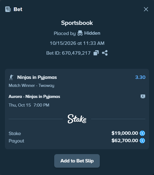 Bet slip: Aurora Gaming - Ninjas in Pyjamas, $19,000.00 stake at 3.30 odds, placed by Hidden