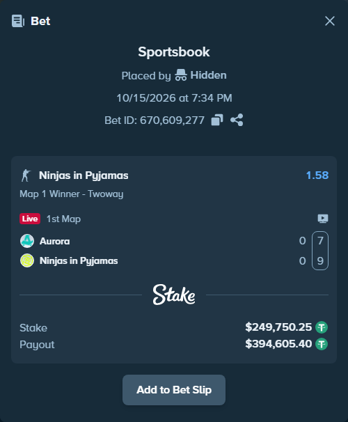 Bet slip: Aurora Gaming - Ninjas in Pyjamas, $250,000.00 stake at 1.58 odds, placed by Mnt41