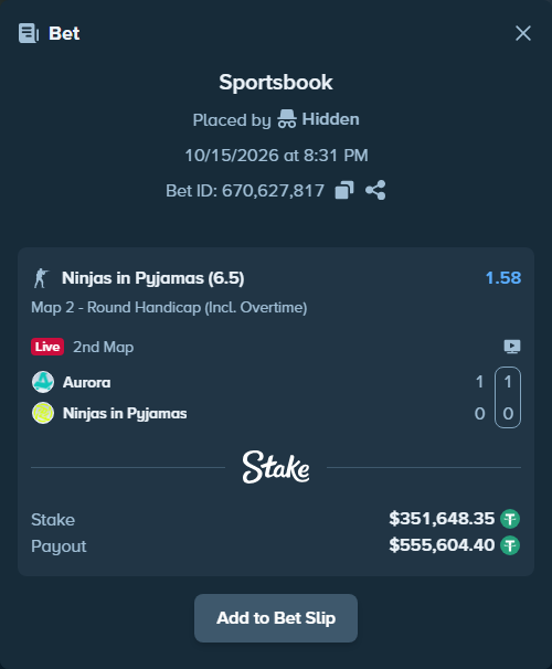 Bet slip: Aurora Gaming - Ninjas in Pyjamas, $352,000.00 stake at 1.58 odds, placed by Mnt41