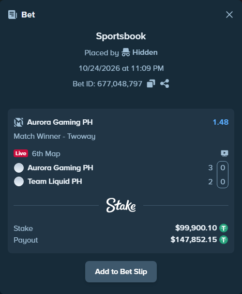 Bet slip: Aurora Gaming PH - Team Liquid PH, $100,000.00 stake at 1.48 odds, placed by Mnt41