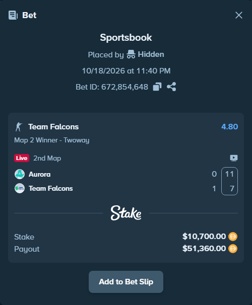 Bet slip: Aurora Gaming - Team Falcons, $10,700.00 stake at 4.80 odds, placed by Hidden