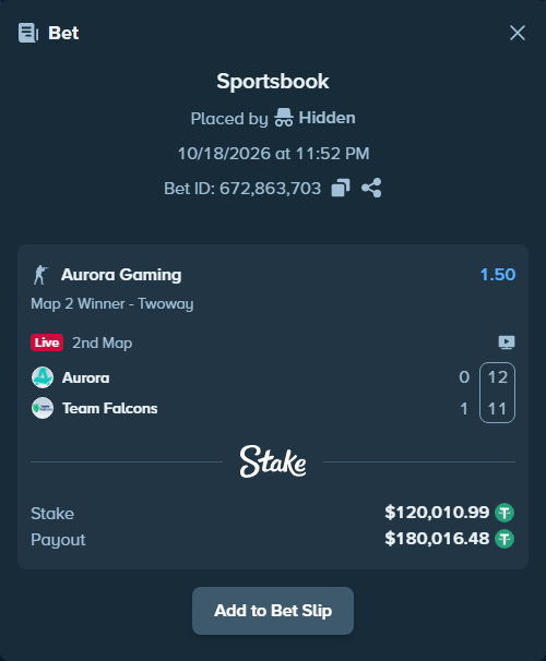 Bet slip: Aurora Gaming - Team Falcons, $120,131.00 stake at 1.50 odds, placed by Mnt41