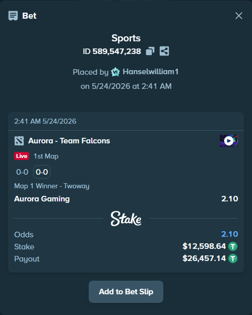 Bet slip: Aurora Gaming - Team Falcons, $12,611.24 stake at 2.10 odds, placed by Hanselwilliam1