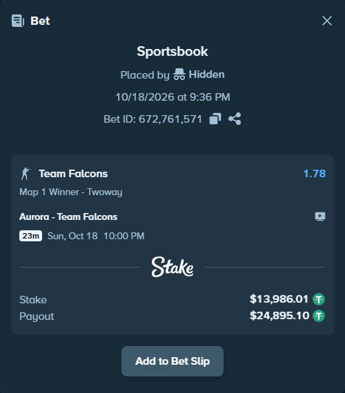 Bet slip: Aurora Gaming - Team Falcons, $14,000.00 stake at 1.78 odds, placed by Hidden