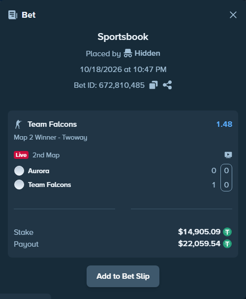 Bet slip: Aurora Gaming - Team Falcons, $14,920.00 stake at 1.48 odds, placed by Hidden