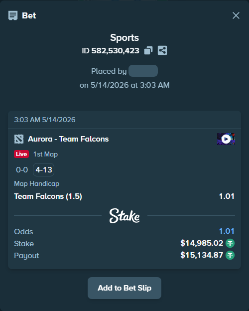 Bet slip: Aurora Gaming - Team Falcons, $15,000.00 stake at 1.01 odds, placed by PerryLBH