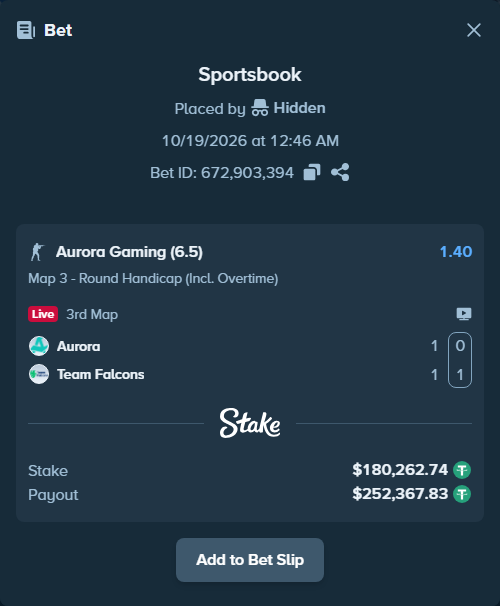 Bet slip: Aurora Gaming - Team Falcons, $180,443.00 stake at 1.40 odds, placed by Mnt41