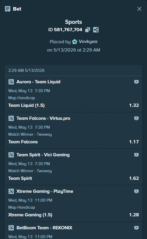 Bet slip: Aurora Gaming - Team Liquid, $11,500.00 stake at 1.32 odds, placed by Vovkyaa