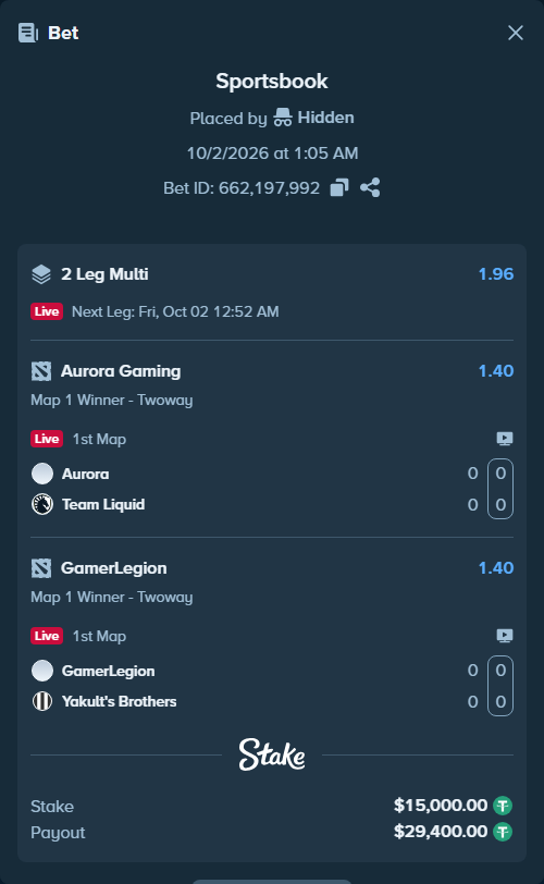 Bet slip: Aurora Gaming - Team Liquid, $15,000.00 stake at 1.40 odds, placed by Hidden