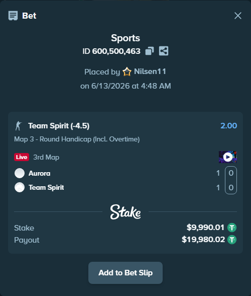 Bet slip: Aurora Gaming - Team Spirit, $10,000.00 stake at 2.00 odds, placed by Nilsen11