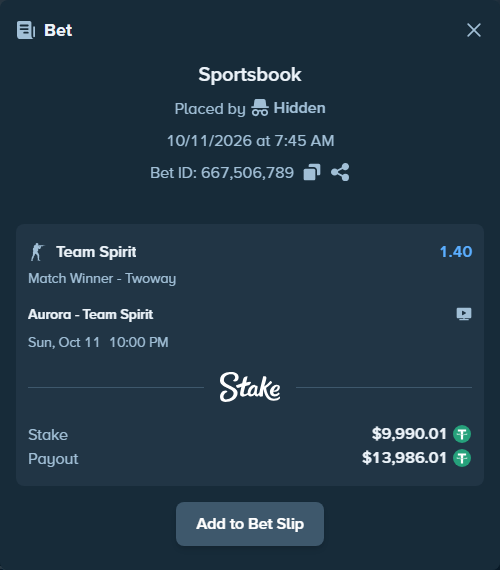Bet slip: Aurora Gaming - Team Spirit, $10,000.00 stake at 1.40 odds, placed by Hidden