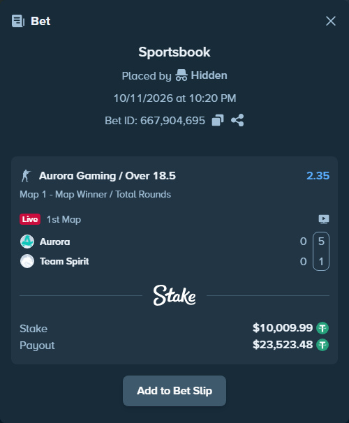 Bet slip: Aurora Gaming - Team Spirit, $10,020.00 stake at 2.35 odds, placed by Hidden