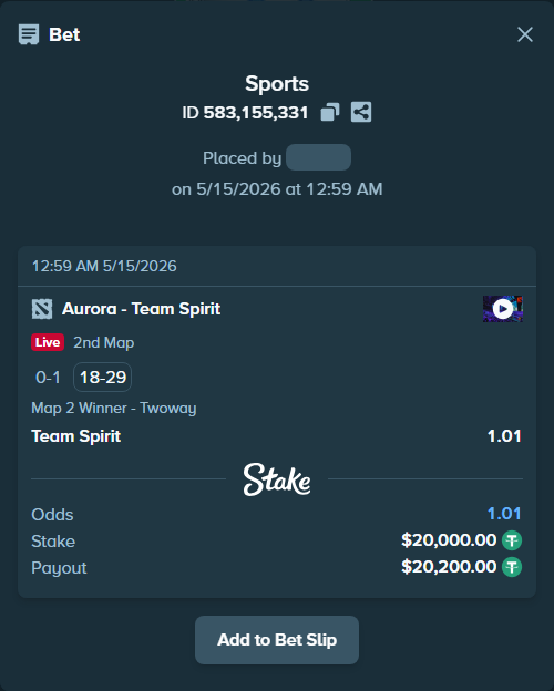 Bet slip: Aurora Gaming - Team Spirit, $20,000.00 stake at 1.01 odds, placed by PerryLBH