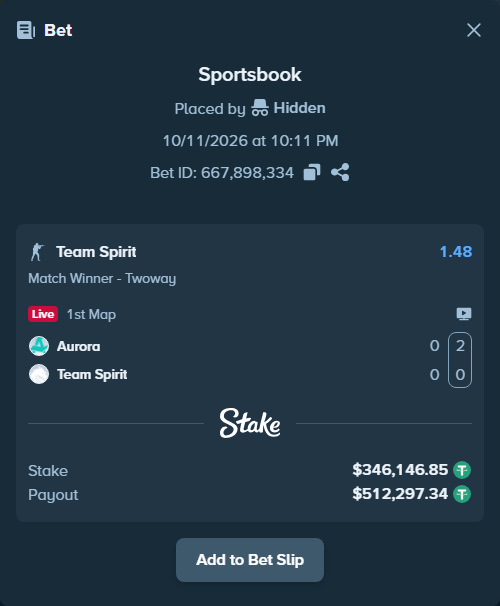 Bet slip: Aurora Gaming - Team Spirit, $346,493.00 stake at 1.48 odds, placed by Mnt41