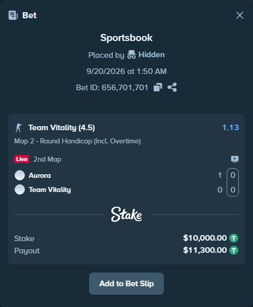 Bet slip: Aurora Gaming - Team Vitality, $10,000.00 stake at 1.13 odds, placed by Hidden
