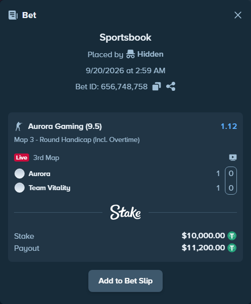 Bet slip: Aurora Gaming - Team Vitality, $10,000.00 stake at 1.12 odds, placed by Hidden