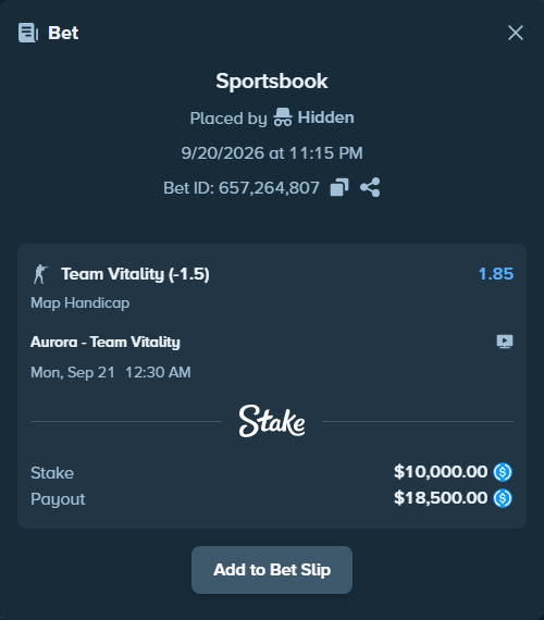 Bet slip: Aurora Gaming - Team Vitality, $10,000.00 stake at 1.85 odds, placed by Hidden