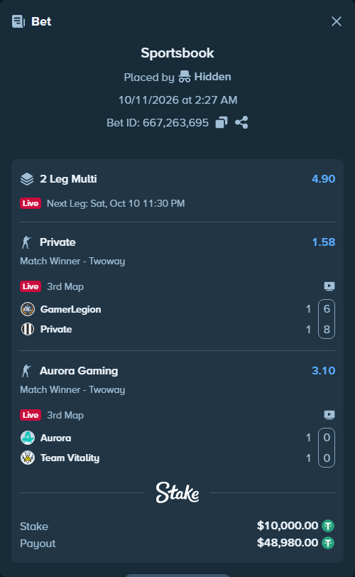 Bet slip: Aurora Gaming - Team Vitality, $10,010.00 stake at 3.10 odds, placed by Hidden