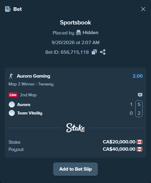 Bet slip: Aurora Gaming - Team Vitality, $14,800.00 stake at 2.00 odds, placed by Hidden