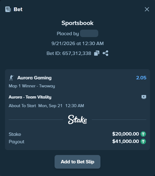Bet slip: Aurora Gaming - Team Vitality, $20,000.00 stake at 2.05 odds, placed by saszakoncza