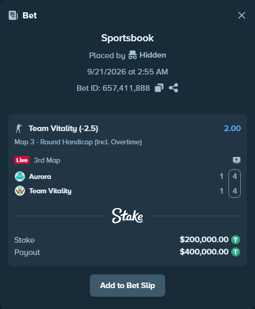 Bet slip: Aurora Gaming - Team Vitality, $200,000.00 stake at 2.00 odds, placed by Hidden