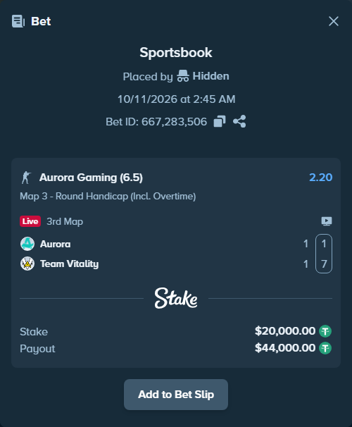Bet slip: Aurora Gaming - Team Vitality, $20,020.00 stake at 2.20 odds, placed by Hidden