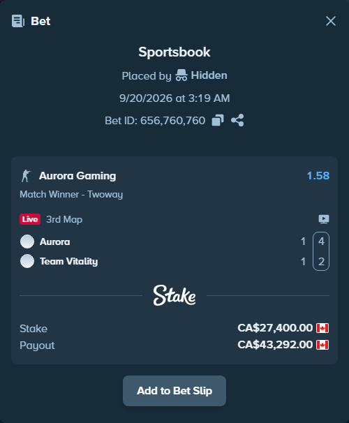 Bet slip: Aurora Gaming - Team Vitality, $20,276.00 stake at 1.58 odds, placed by Hidden