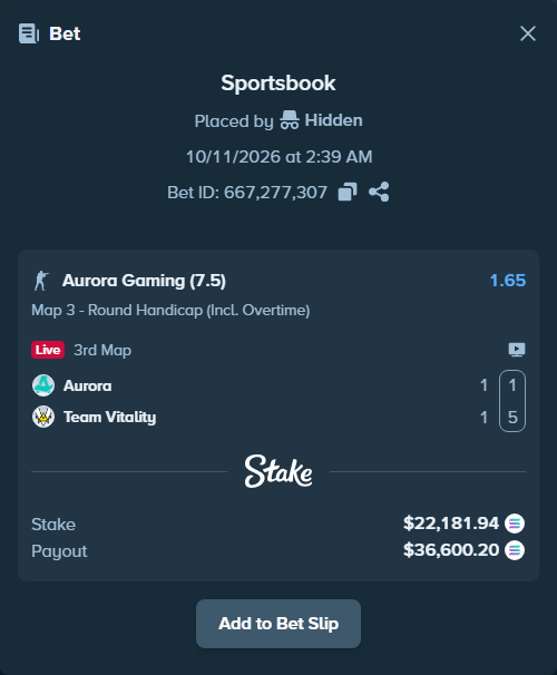 Bet slip: Aurora Gaming - Team Vitality, $22,114.70 stake at 1.65 odds, placed by Pobeda8888