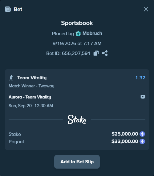 Bet slip: Aurora Gaming - Team Vitality, $24,537.51 stake at 1.32 odds, placed by Mabruch