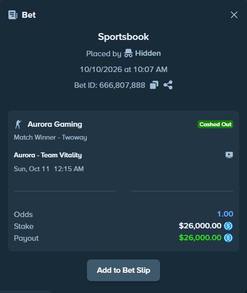Bet slip: Aurora Gaming - Team Vitality, $26,000.00 stake at 3.80 odds, placed by winnirium228