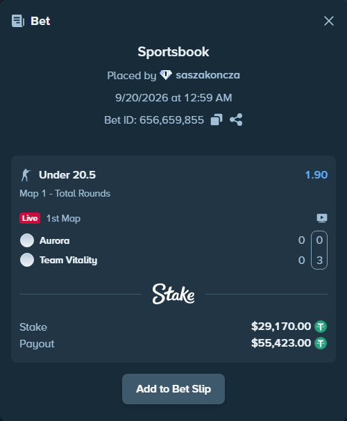 Bet slip: Aurora Gaming - Team Vitality, $29,170.00 stake at 1.90 odds, placed by saszakoncza