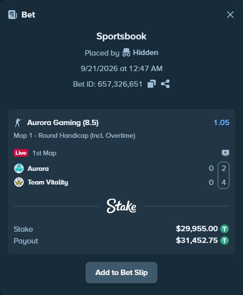 Bet slip: Aurora Gaming - Team Vitality, $29,955.00 stake at 1.05 odds, placed by Hidden