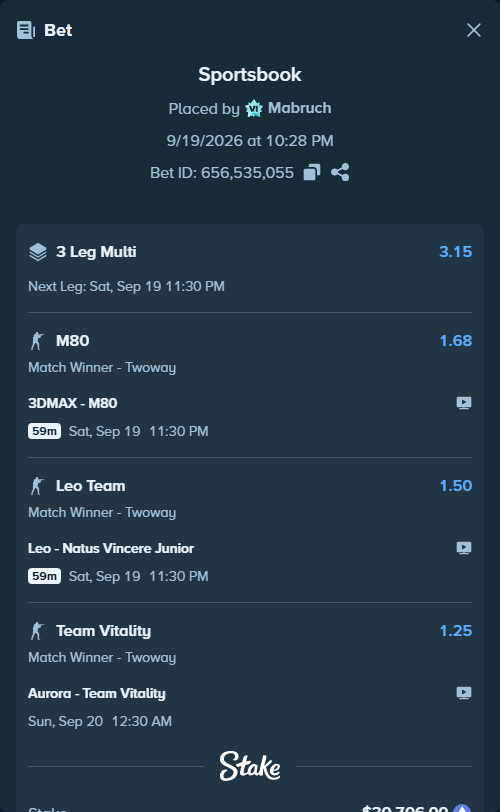 Bet slip: Aurora Gaming - Team Vitality, $30,649.00 stake at 1.25 odds, placed by Mabruch