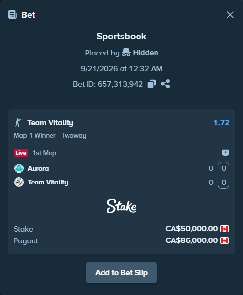 Bet slip: Aurora Gaming - Team Vitality, $37,000.00 stake at 1.72 odds, placed by Hidden
