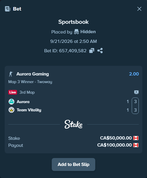 Bet slip: Aurora Gaming - Team Vitality, $37,000.00 stake at 2.00 odds, placed by Hidden