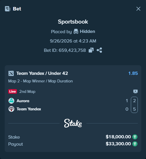 Bet slip: Aurora Gaming - Team Yandex, $18,000.00 stake at 1.85 odds, placed by Feedone1488