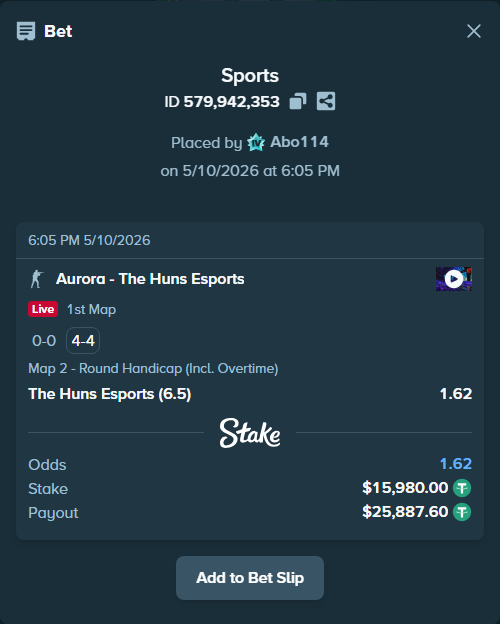 Bet slip: Aurora Gaming - The Huns Esports, $15,980.00 stake at 1.62 odds, placed by Abo114