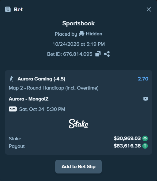 Bet slip: Aurora Gaming - The MongolZ, $31,000.00 stake at 2.70 odds, placed by Mnt41