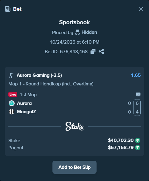 Bet slip: Aurora Gaming - The MongolZ, $40,743.00 stake at 1.65 odds, placed by Mnt41