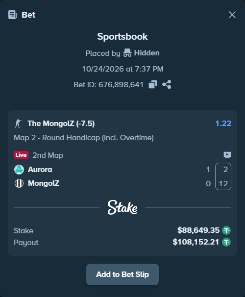Bet slip: Aurora Gaming - The MongolZ, $88,738.00 stake at 1.22 odds, placed by Mnt41