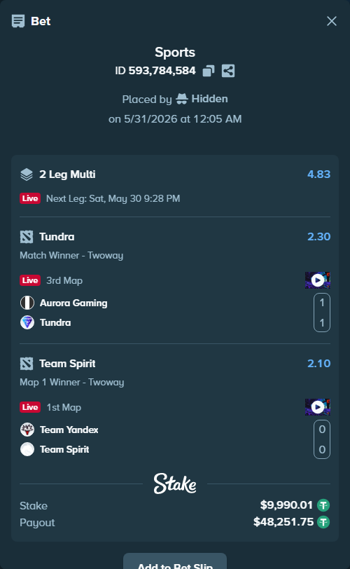 Bet slip: Aurora Gaming - Tundra, $10,000.00 stake at 2.30 odds, placed by Hidden