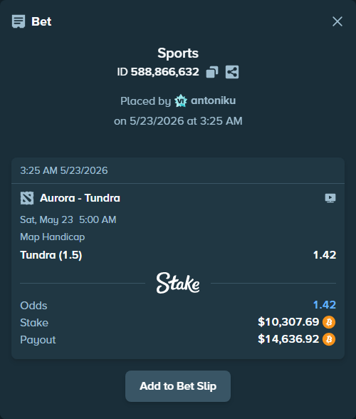 Bet slip: Aurora Gaming - Tundra, $8,620.22 stake at 1.42 odds, placed by antoniku