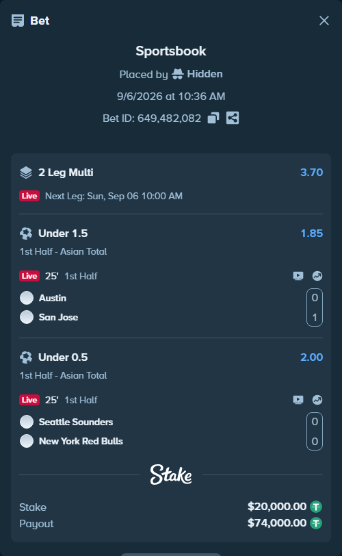 Bet slip: Austin - San Jose, $19,998.00 stake at 1.85 odds, placed by Hidden