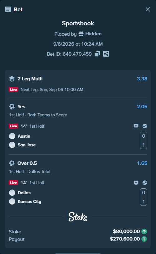 Bet slip: Austin - San Jose, $79,992.00 stake at 2.05 odds, placed by Hidden