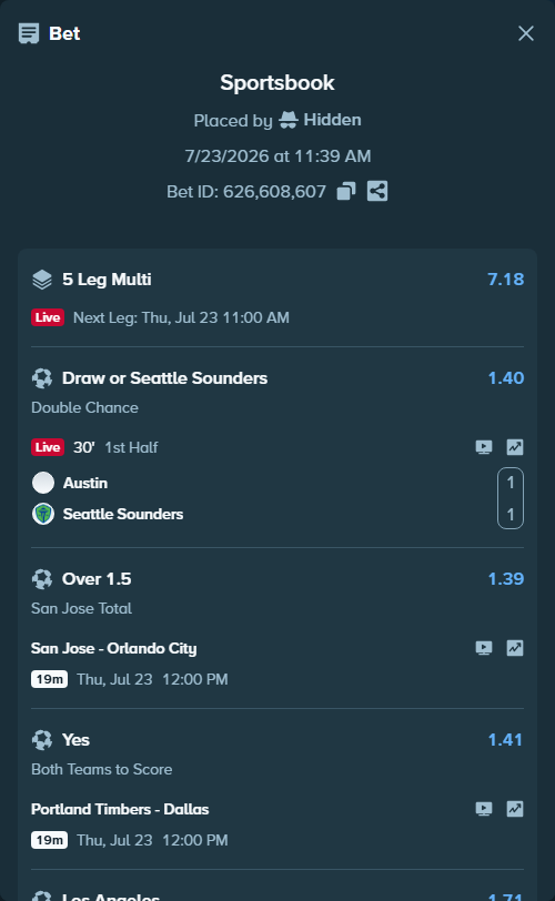 Bet slip: Austin - Seattle Sounders, $11,162.97 stake at 1.40 odds, placed by Hidden