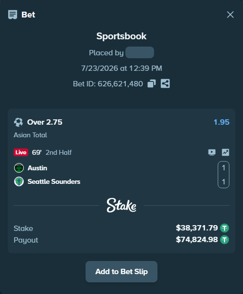 Bet slip: Austin - Seattle Sounders, $38,410.16 stake at 1.95 odds, placed by jxd1314