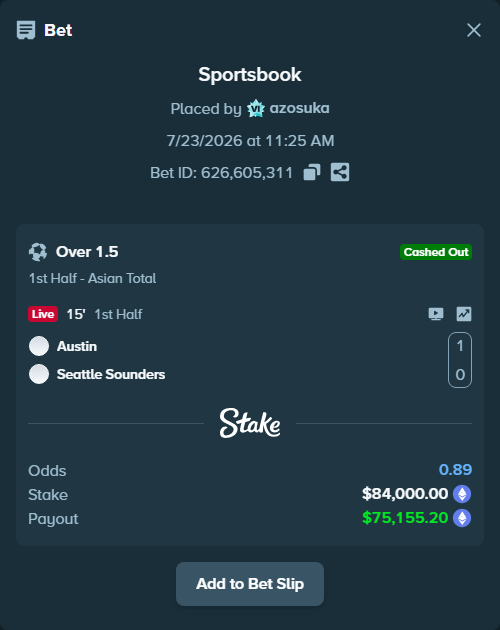 Bet slip: Austin - Seattle Sounders, $82,924.97 stake at 1.55 odds, placed by azosuka